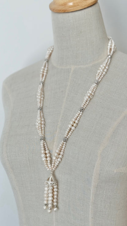 T03S Necklace - Silver with pearls long tassel necklace