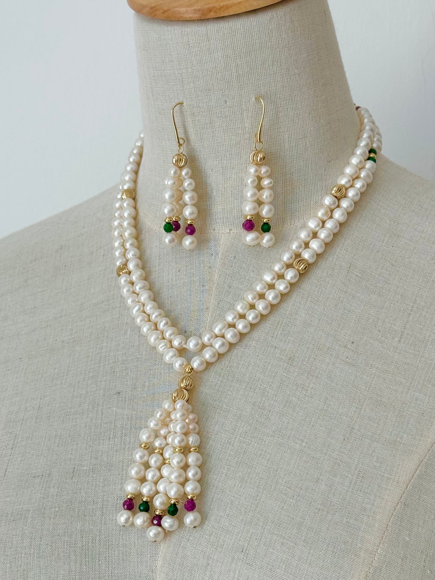 Long real pearl tassel necklace set with real gemstones