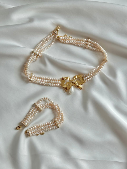 F01 choker set - Pearl with gold plated silver bow choker & Bracelet set ، direct delivery