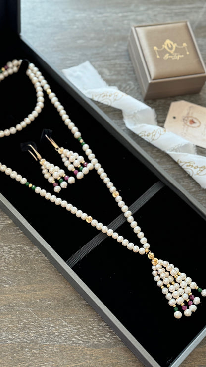 Long real pearl tassel necklace set with real gemstones