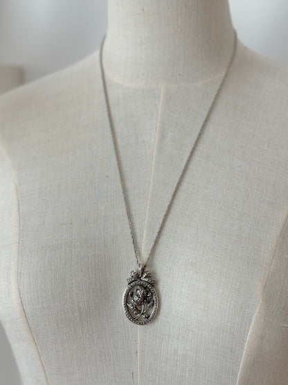 Vintage rustic silver necklace with bow & rose