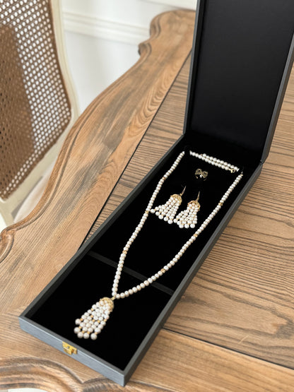 T01G Set - Gold plated silver pearl tassel set, Long necklace with earring without ring