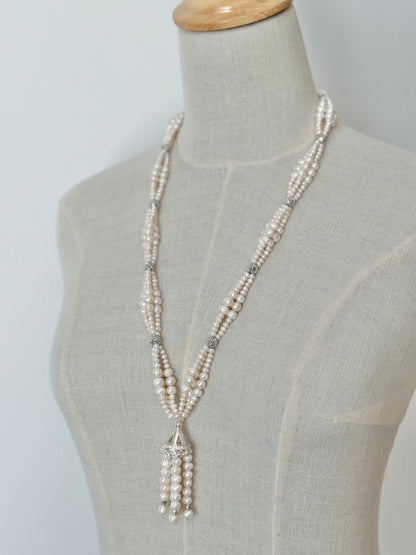 T03S Set - Silver pearl tassel set, long necklace with earrings