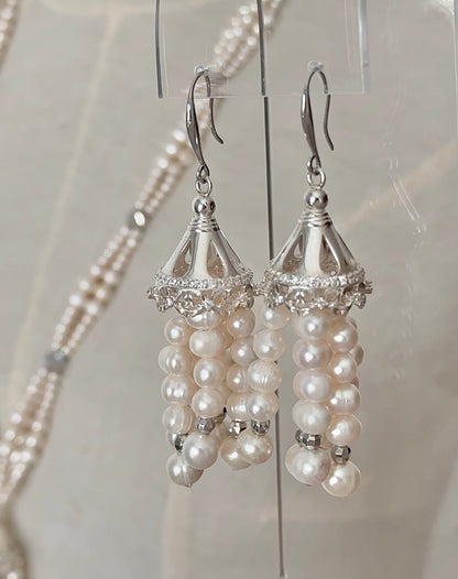 T03S Set - Silver pearl tassel set, long necklace with earrings