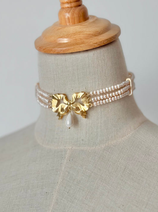 F01 choker - Gold plated silver bow with real pearl ، direct delivery