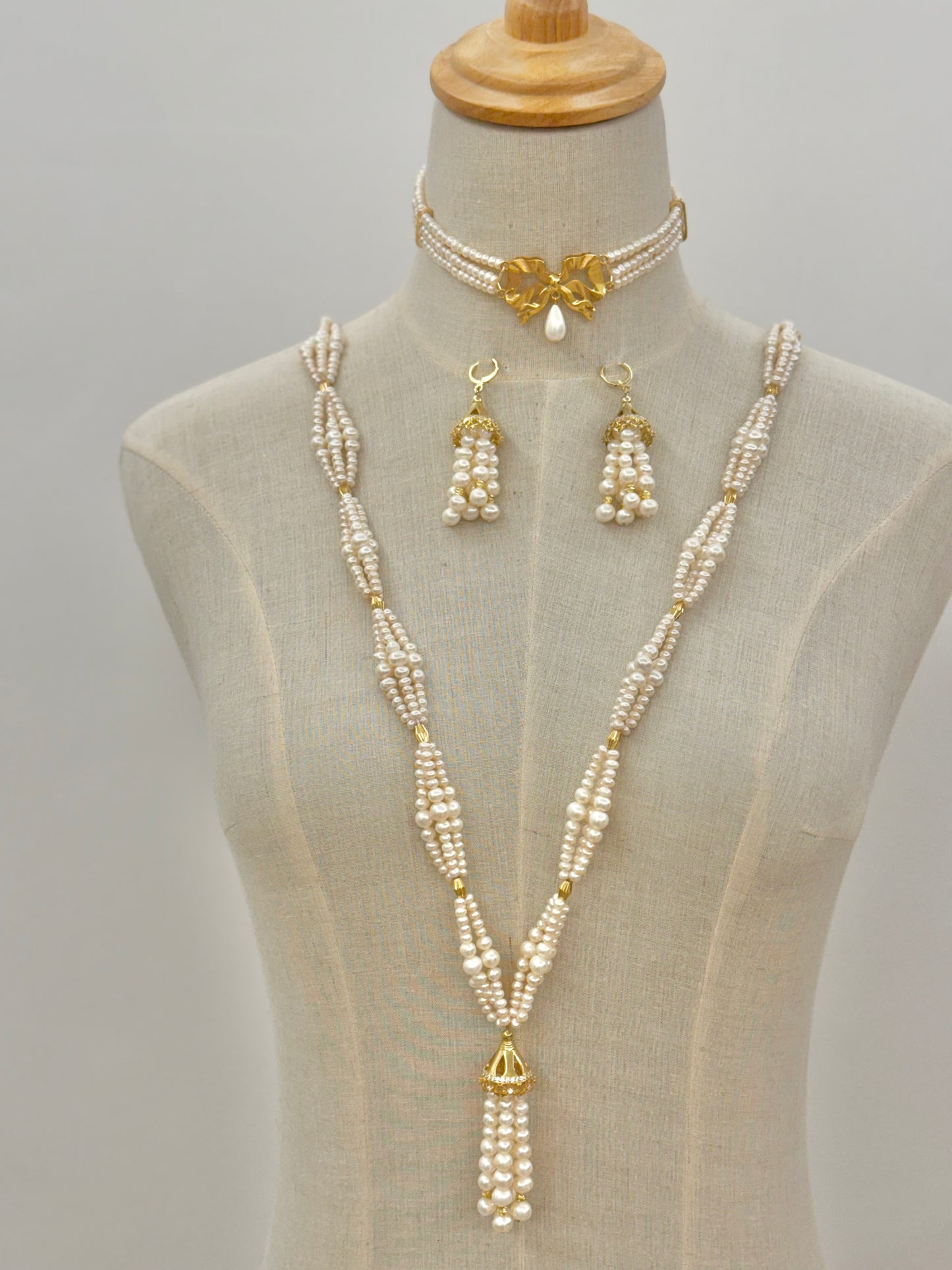 Pearl tassel set : Necklace & Earring with gold plated silver (without choker)