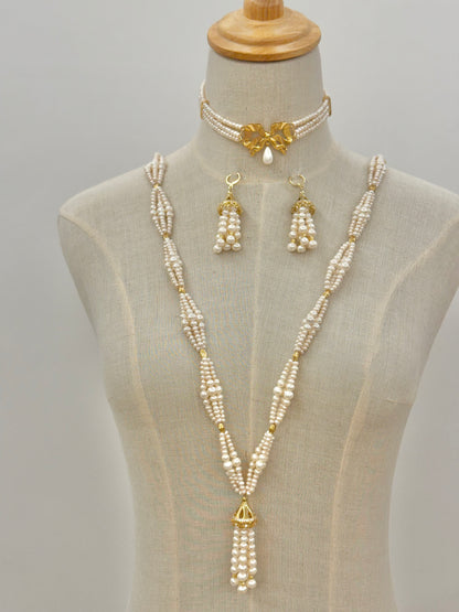 Pearl tassel set : Necklace & Earring with gold plated silver (without choker)