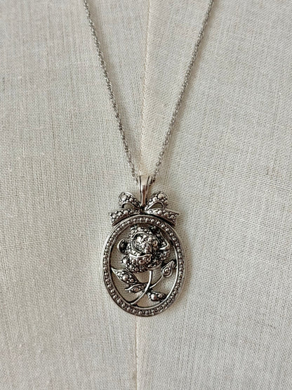 Vintage rustic silver necklace with bow & rose