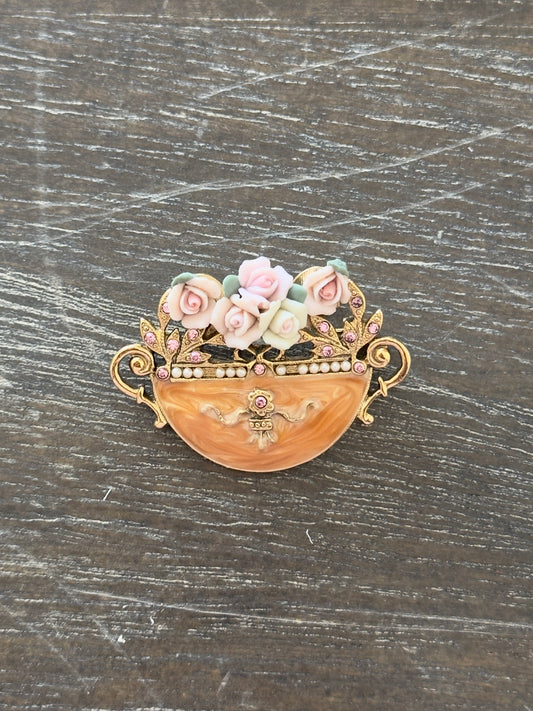 Vintage ceramic flower basket brooch