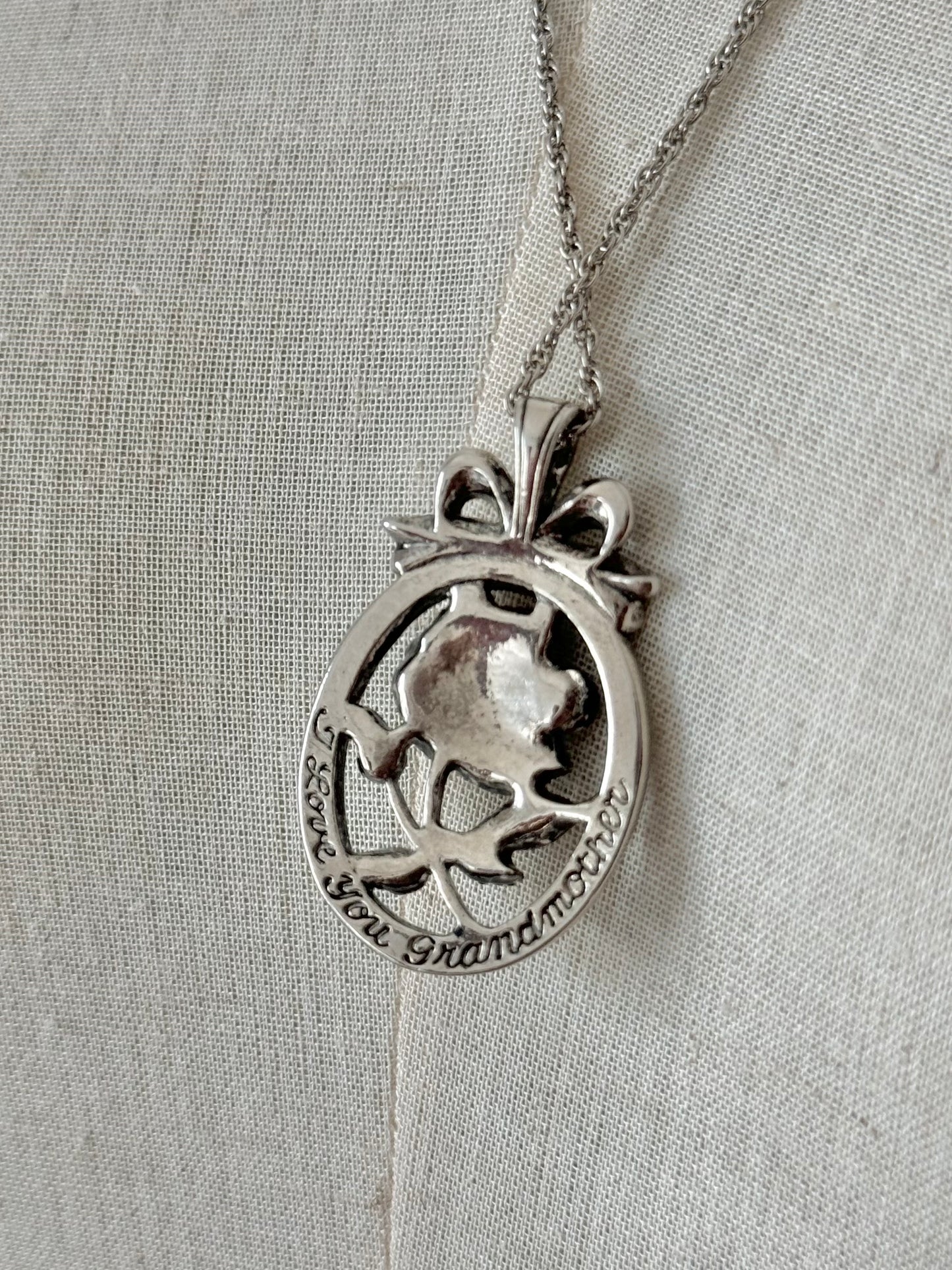 Vintage rustic silver necklace with bow & rose