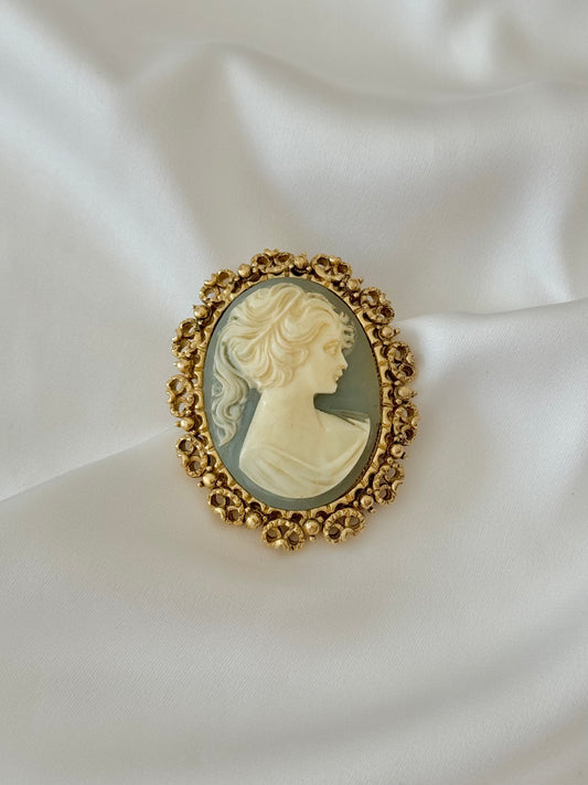 Vintage large gold frame blue cameo brooch