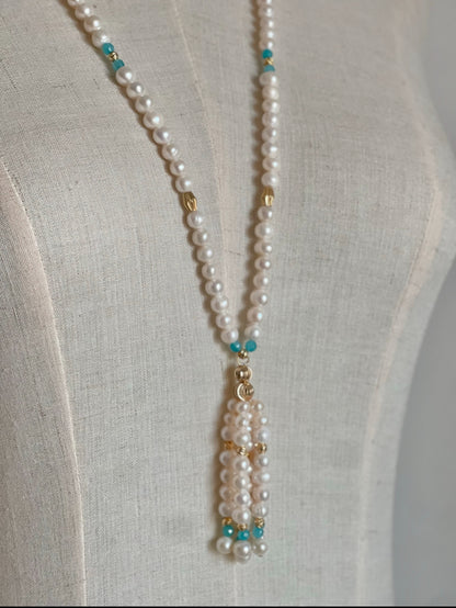 Real pearls & stones Tassel necklace and earring set