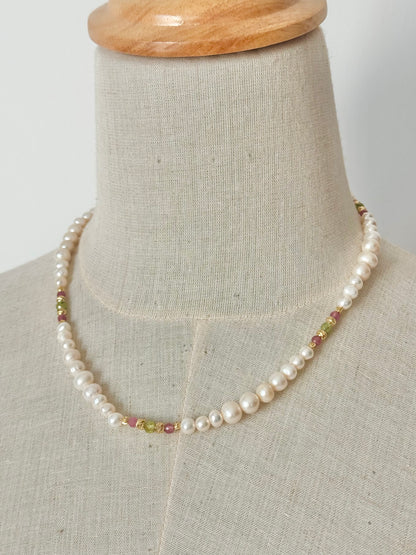 Pearl & real gemstones rose & green with gold plated beads  necklace