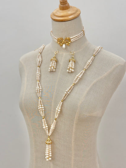 Pearl tassel set : Necklace & Earring with gold plated silver (without choker)