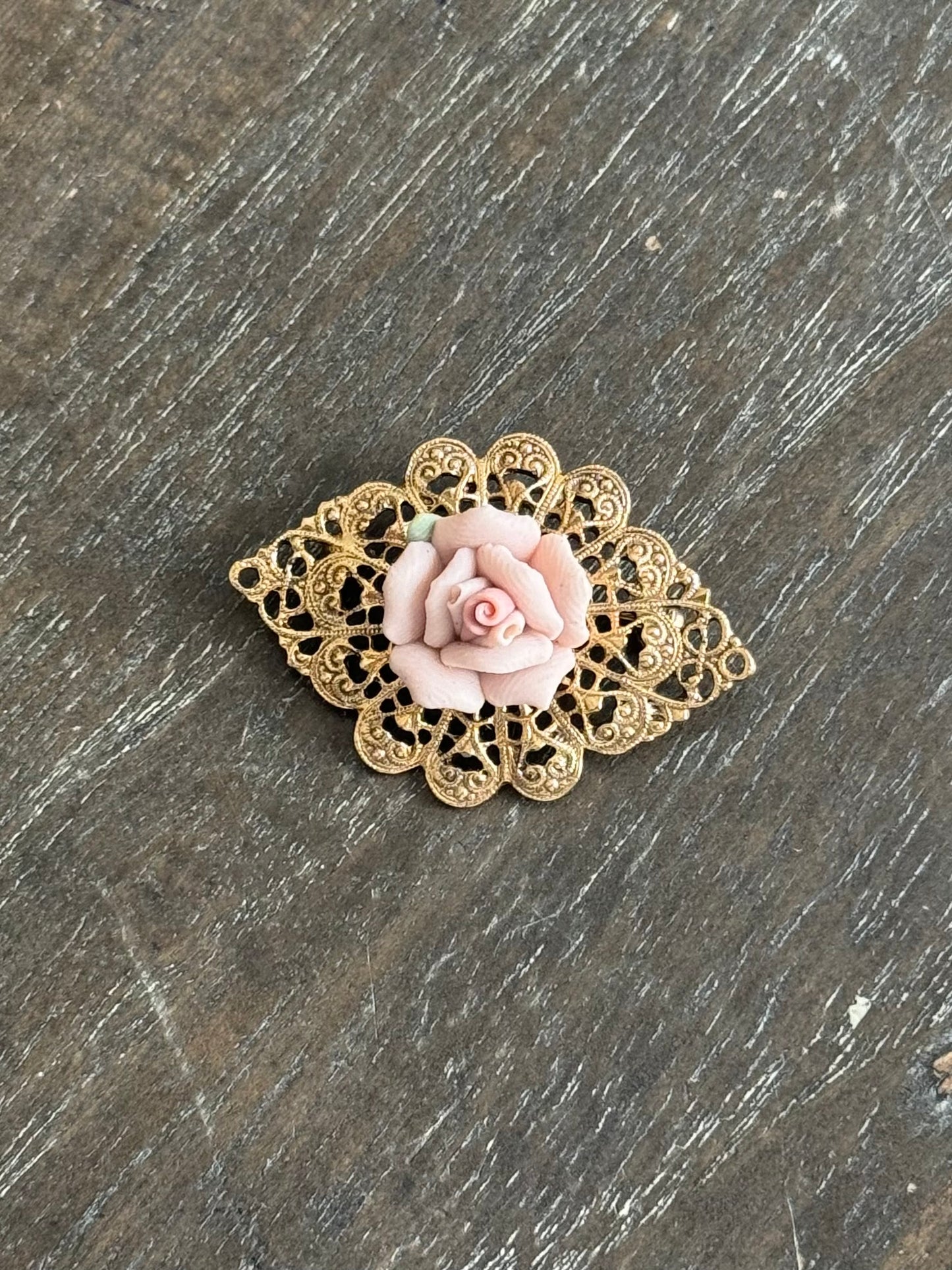 Vintage rose brooch rustic gold