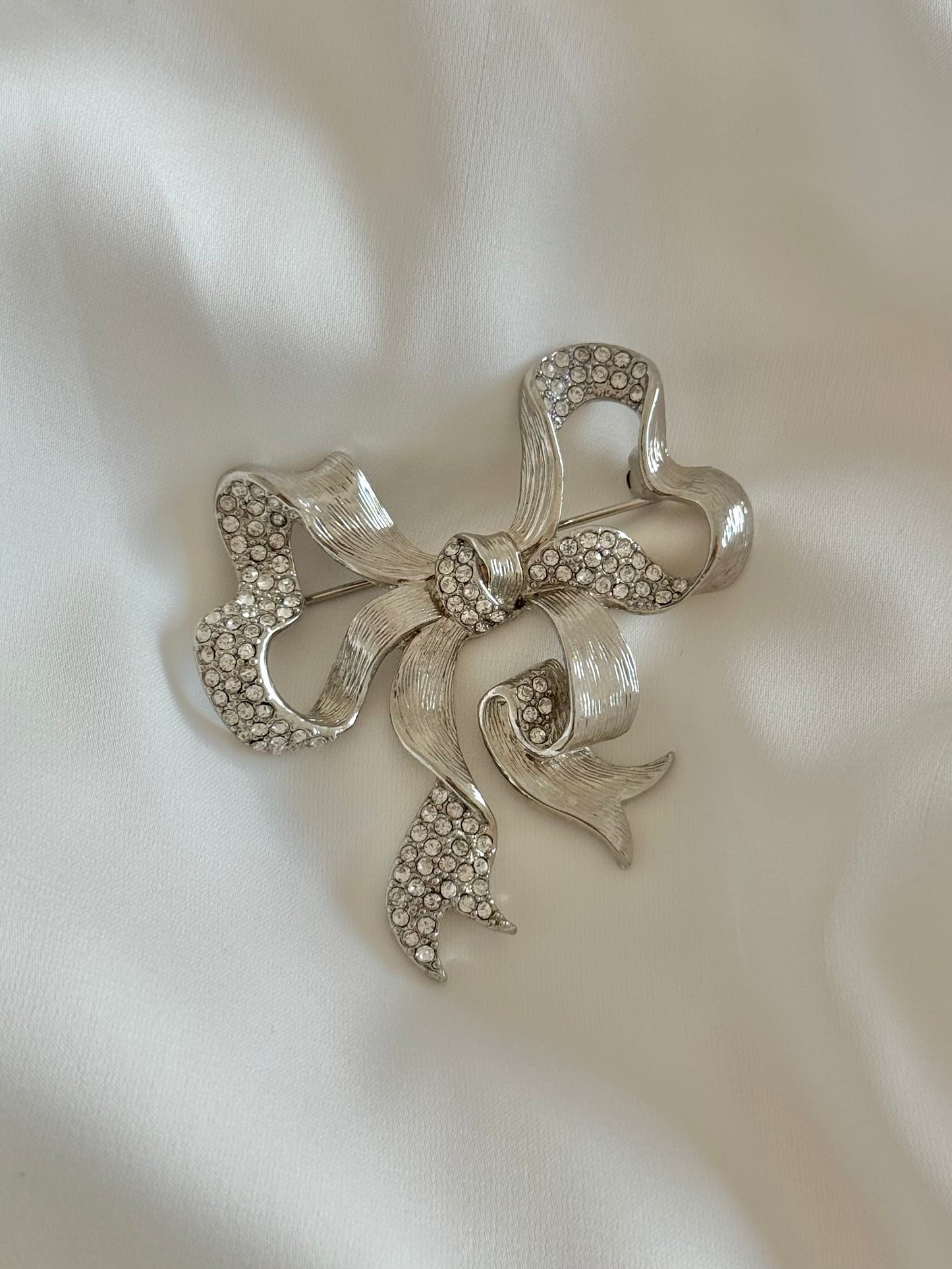 Vintage Silver bow with crystals brooch signed Monet (Large)