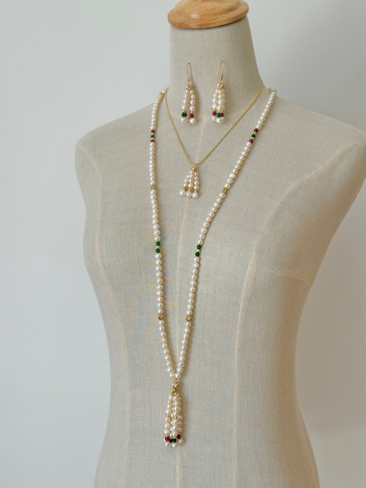 Long real pearl tassel necklace set with real gemstones