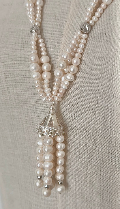 T03S Necklace - Silver with pearls long tassel necklace