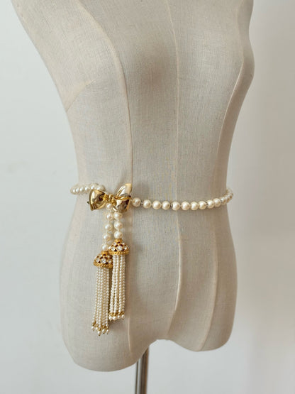 Vintage faux pearl tassel necklace or belt (brooch not included)