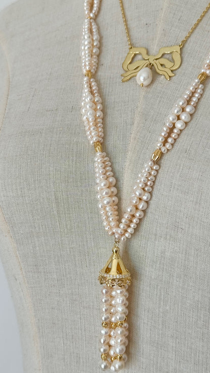 T03G Necklace - Gold plated Silver with zircons and fresh water pearls