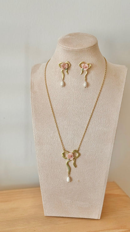 FF02.G set - Gold plated bow with vintage ceramic rose Necklace & earring set