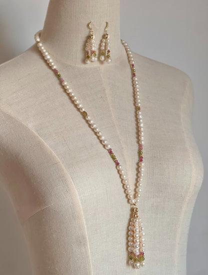 Real pearls and stones tassel necklace set