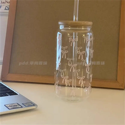 Glass Tumblr with lid and straw , bow design