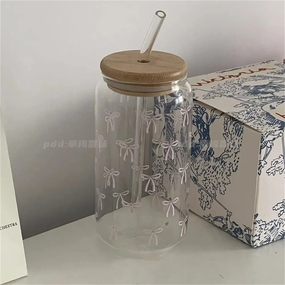 Glass Tumblr with lid and straw , bow design