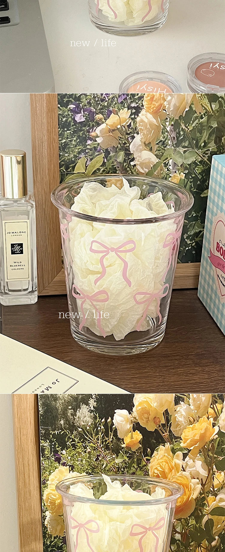 Glass cup with bow designs