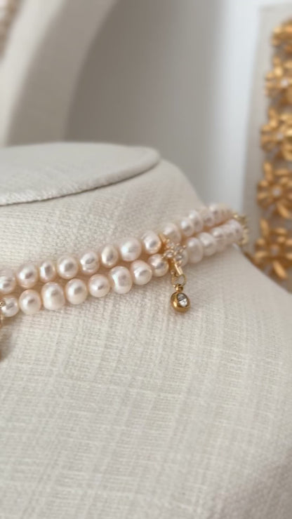 Fresh water pearl with gold plated crystals choker